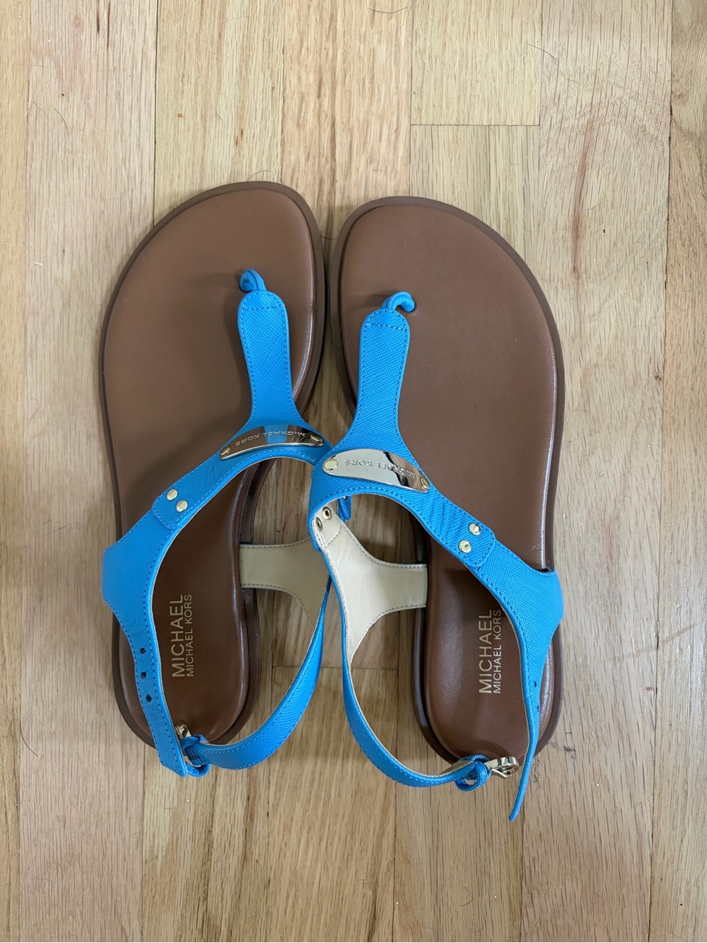 Michael Kors T-strap blue flat sandals, size 6.5